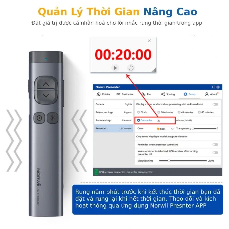 Bút Trình Chiếu Bluetooth Dùng Cho Màn Hình Led Norwii N97S-G Laser Màu Xanh - Bút Trình Chiếu- Máy Trợ Giảng- Phụ Kiện Điện Tử Việt Nam