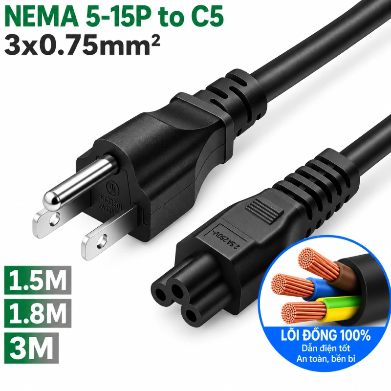 Dây Cáp Nguồn C13 3 Chấu Chuẩn Us Lõi Đồng 3 X 0.75Mm Dài 1.8M - Bút Trình Chiếu- Máy Trợ Giảng- Phụ Kiện Điện Tử Việt Nam Cáp Nguồn 3 Chân Nema 5-15P Sang C5 0
